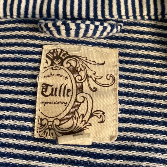 Tulle Original Clothing blazer. Blue/white stripe. Size L. 3/4 ruched sleeves. - Picture 7 of 14